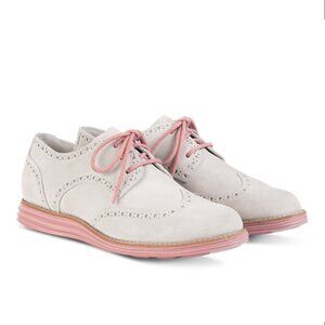Cole Haan Lunargrand Wing Tip Oxfords Ivory Suede & Pink Accents Women US 9B